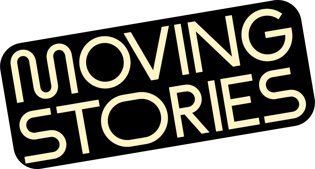 Stylised text reading ‘MOVING STORIES’ in bold, rounded light yellow font on a black background, slightly tilted for a dynamic effect.